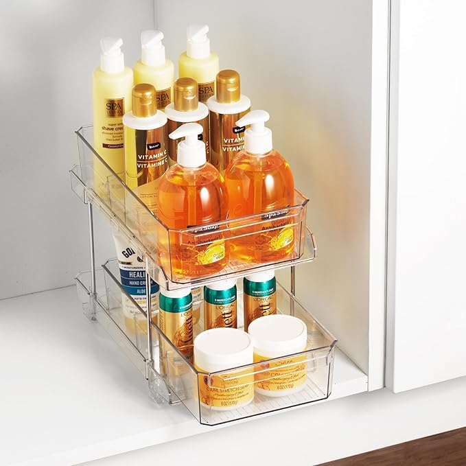 Masirs 2-Tier Clear Pull-Out Drawer Organizer - Sleek, Compact & Sturdy Makeup and Closet Organizer - Easy Assembly Kitchen Storage Solution, Ideal for Makeup, Tools, Medicines & Snacks