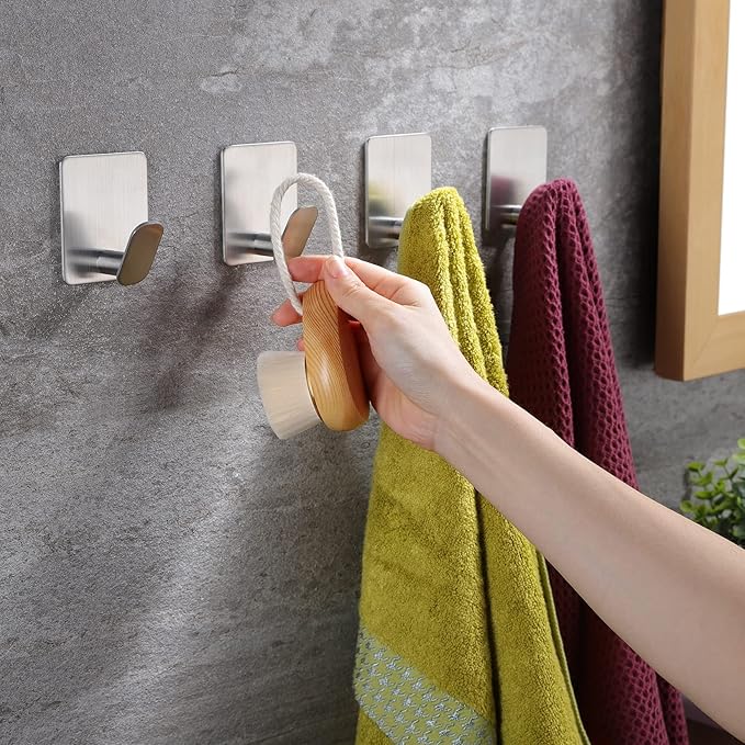DELITON Towel Hooks for Bathrooms - 8 Pack Adhesive Wall Hooks for Hanging Robe Coat Stick on Hook No Damage SUS 304 Stainless Steel, Silver