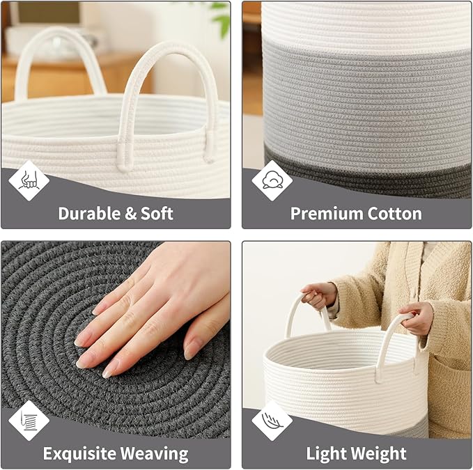 Laundry Basket Hamper Tall Rope Storage Woven for Blanket toys Dirty Clothes in Living Room Bathroom Bedroom (Gradient Grey, 100L/26.4Gal)