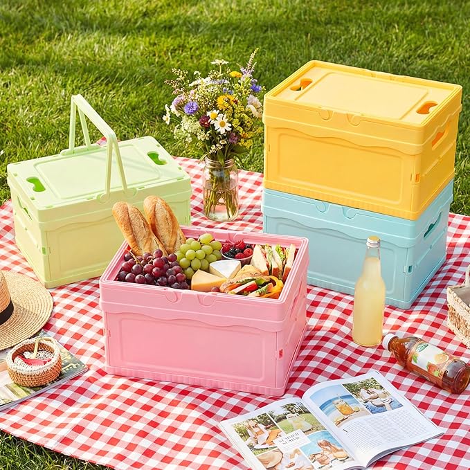 4 Pcs Pastel Plastic Storage Bin with Lid and Handle Cute Collapsible Storage Crates Foldable Plastic Basket Stackable Bins for Home Kitchen Office Bathroom Picnic (Pink,Green,Blue,Yellow)