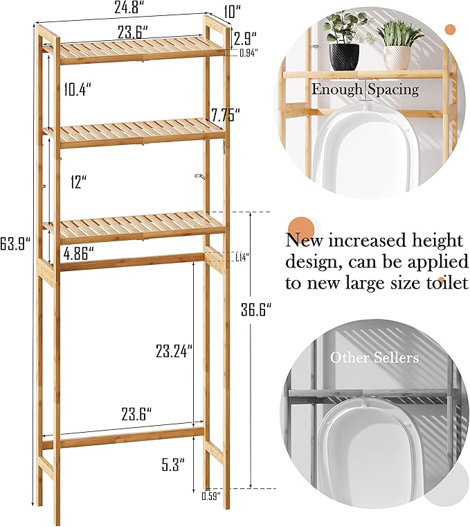 AMBIRD Over The Toilet Storage, 3-Tier Bathroom Organizer Over Toilet with Sturdy Bamboo Shelves,Multifunctional Toilet Shelf,Easy to Assemble and Saver Space, 25 * 10 * 64 Inches (Original Color)
