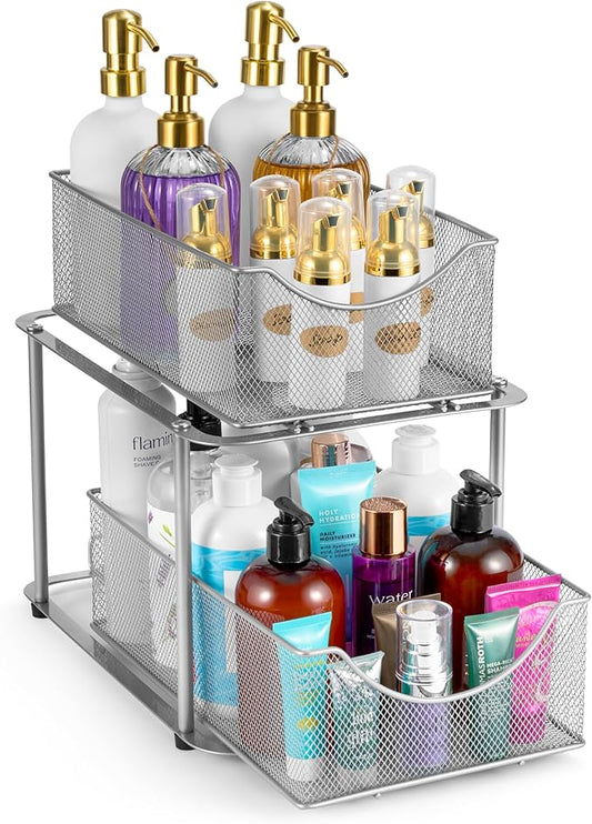 Sorbus 2 Tier Metal Under Sink Organizer for Bathroom, Kitchen, Strong Steel Mesh Sliding Drawers for Under Sink, Under Cabinet, Closet, Kitchen, Pantry, Bathroom Organizers and Storage (Silver)