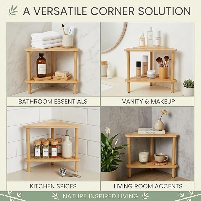 Bamboo Corner Shower Stool with Storage Shelf, Waterproof 2-Tier Shower Foot Rest for Shaving Legs, Small Bathroom Corner Bench Organizer for Inside Shower, Spa Bath Seat
