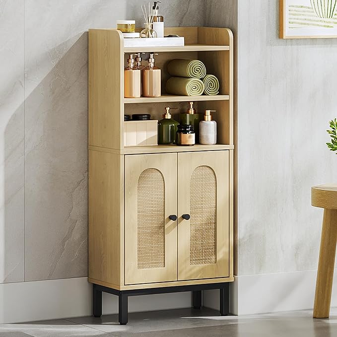 Hzuaneri Bathroom Storage Cabinet, Small Floor Cabinet with 2 Door and Shelves, Toilet Paper Cabinets, Bathroom Organizer with Adjustable Shelf, for Small Spaces Rattan Black 7.1" Dx14.6 Wx32.7 H