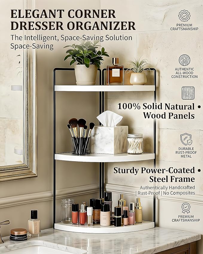3-Tier Corner Bathroom Countertop Organizer, Solid Pine Wood Vanity Corner Shelf for Skincare & Makeup, Waterproof Standing Rack for Bathroom, Vanity, Kitchen & Dresser, Large 15.7"H, White