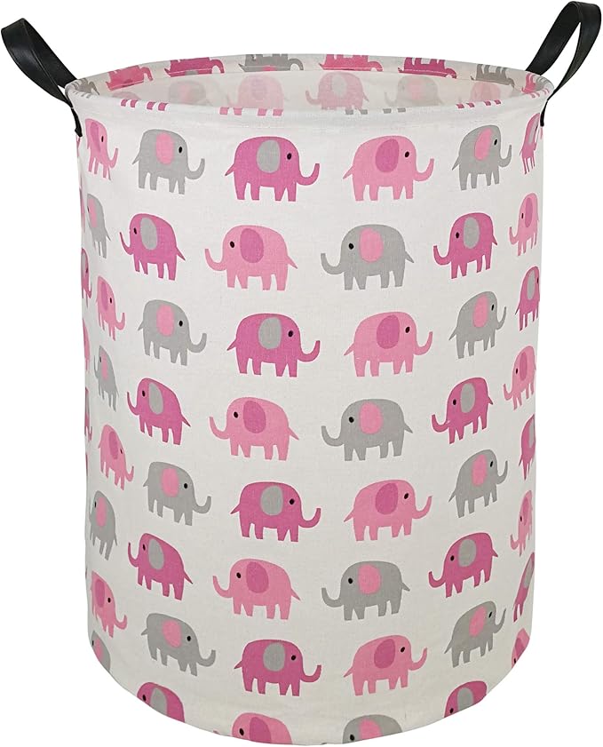 Round Pink Elephant PatternLaundry Hamper Storage Basket Fabric Material Storage Hamper Organization Basket, Storage Bin, Gift Box with Handles for Room