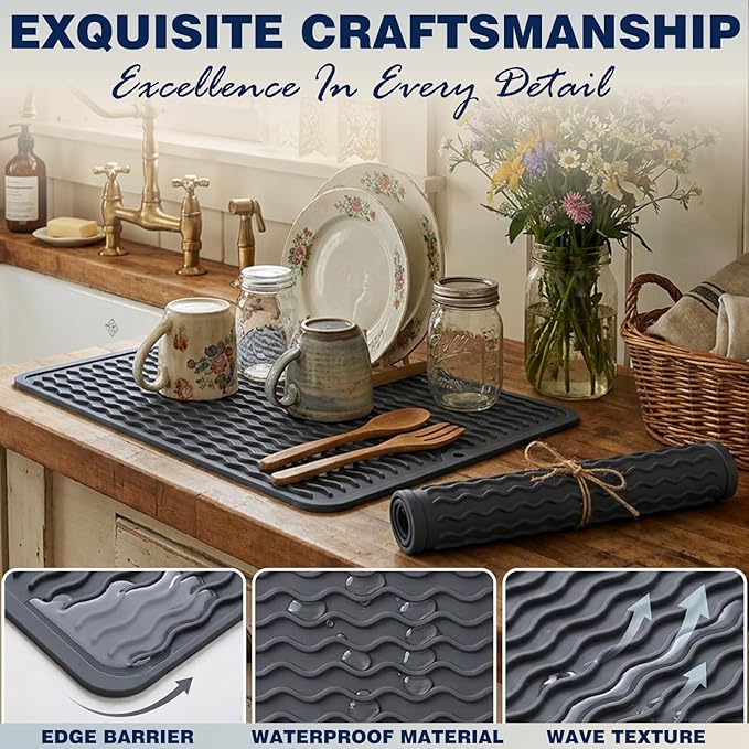CAKETIME 2 Pack Silicone Dish Drying Mat for Kitchen Counter Heat Resistant Quick Dry Pads Hot Dishes Waterproof with Under Sink Rack Soap Holder Coffee Accessories 15"x11.5" Light Gray