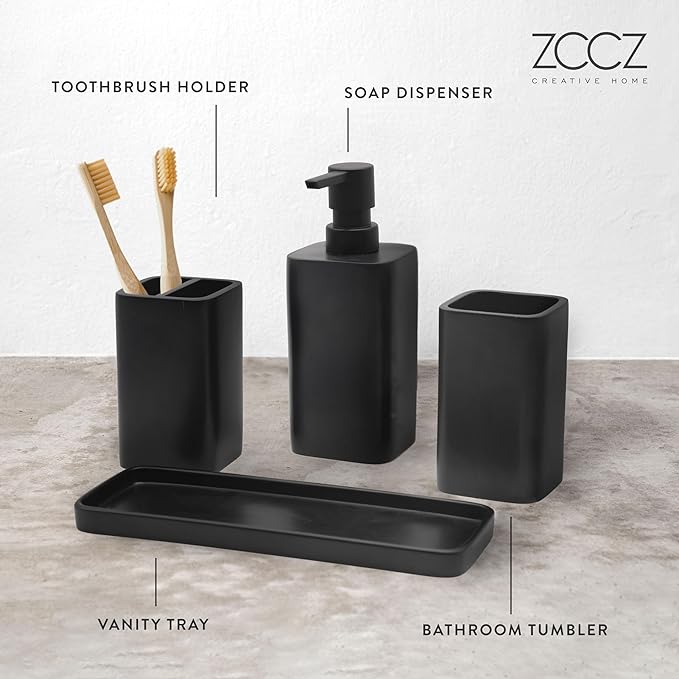 ZCCZ Bathroom Accessory Sets, 4 Pieces Bathroom Accessories Complete Set Vanity Countertop Accessory Set, Includes Lotion Dispenser Soap Pump, Tumbler, Toothbrush Holder and Tray (Matte Black)
