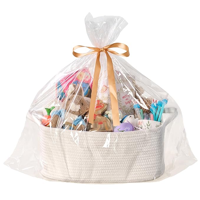 Small Woven Gift Basket Empty with Bag & Ribbon - Gifts for Mom, Baby Shower, Birthdays & Raffle - Cotton Rope Storage Basket for Dog Toys or Shelf - 12"x8"x5", White