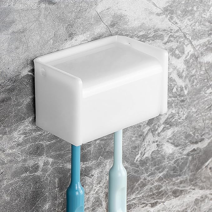 Toothbrush Holder Wall Mounted with Cover for Bathroom, 2 Slots Toothbrush Storage Organizer for Shower, Self Adhesive Toothbrush Hanger Rack for Dorm, Cabinet (White)