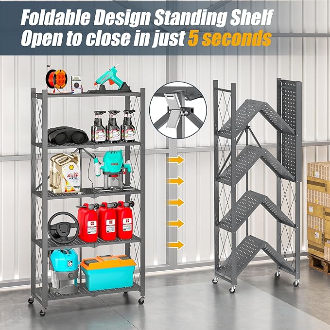 Folding Metal Storage Shelf 5 Tier with Wheels Heavy Duty Utility Rack Foldable Design 750lbs Capacity Adjustable Standing Shelf Organizer for Kitchen Garage Living Room(Gray-A, 5-Tier)