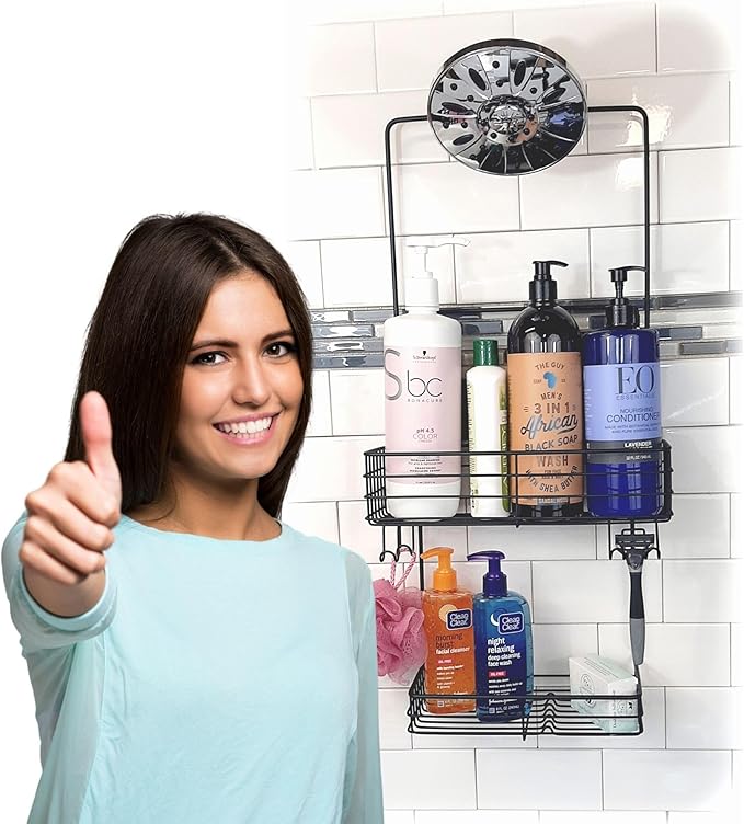 Gecko-Loc Extra Long Wide Adjustable Length over the showerhead hanging shower caddy organizer - for Shampoo, Soap, & Razors - Black