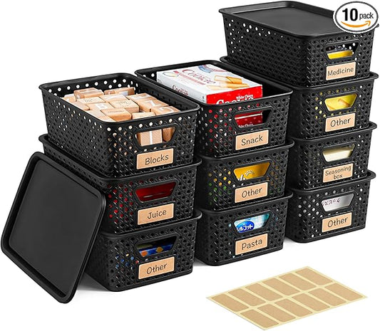 10 Pack Small Plastic Storage Bins with Lids, Stackable Plastic Storage Baskets for Organizing with Handles, Organizer Bins with Labels for Room, Craft, Containers for Pantry Organizers and Storage