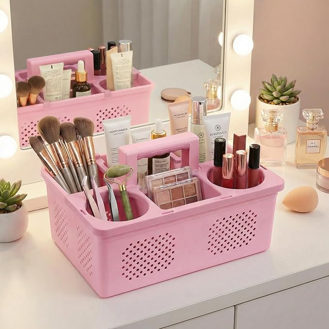 KMV Dorm Room Portable Shower Caddy with Adjustable Compartments - Ventilated Drainage Design with Handles, Perfect Toiletries Organizer for College Dorms-pink