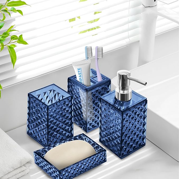 Bathroom Accessory Set, 4 PCS Blue Bathroom Accessories Sets, Soap Dispenser and Toothbrush Holder Set, Soap Dish and Mouthwash Cup, Boho Bathroom Decor, Plastic Bathroom Sets Accessories