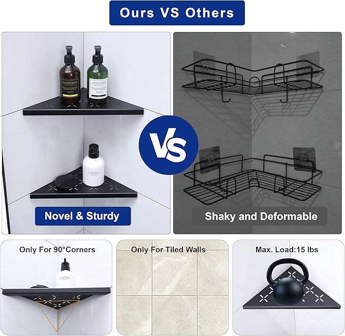 10" Corner Shower Shelf, 1-Pack Shower Shelves SUS304 Stainless Steel Bathroom Shelves for Tile Walls, Recessed Corner Shelf Organizer Rack, No Drilling (Matte Black)