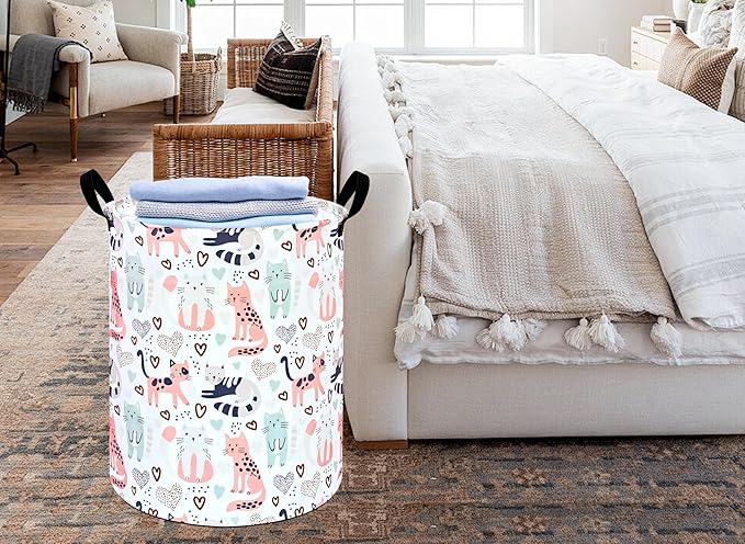 Kids Laundry Hamper Clothes Gift Basket Storage Laundry Baskets Organizer Bin with Handles for Nursery Room (Cat)