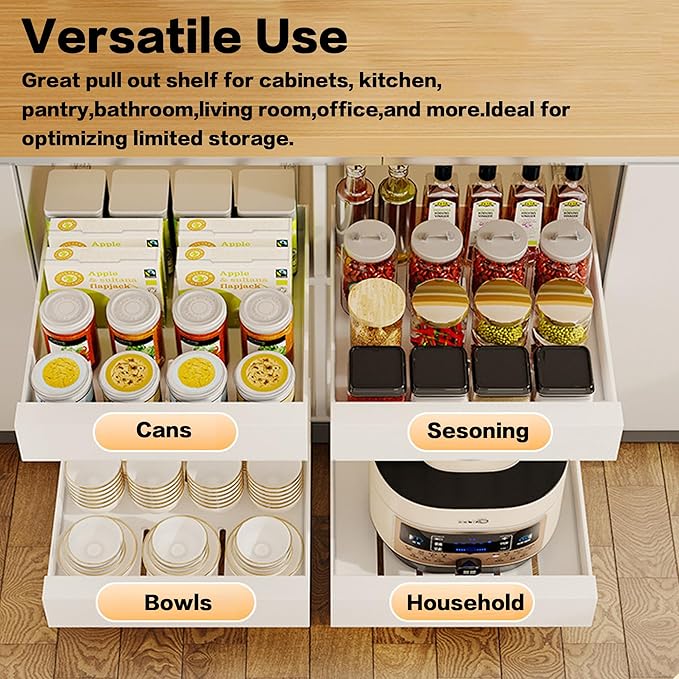 bealy 1 Pack Pull Out Cabinet Organizer Adhesive, 12'' W x 16.9" D x 3.1'' H Heavy Duty Carbon Slide Out Pantry Shelves, Sliding Drawer Pull Out Pantry Shelves for Kitchen, Living Room, Home