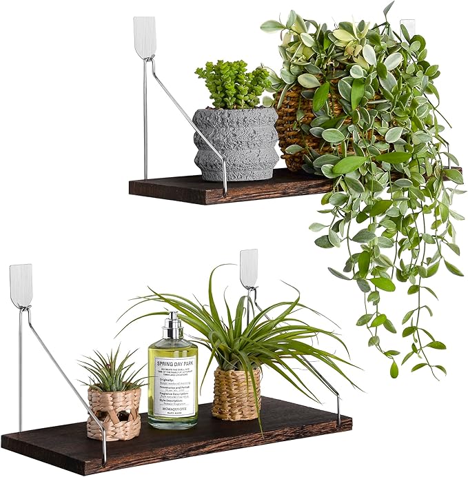 Floating Shelves Set of 2 Rustic Solid Wood Floating Shelf Wall Storage Shelves for Living Room, Bedroom, Bathroom, Kitchen Laundry, Office,no Drill Shelf(Retro Color M+M)