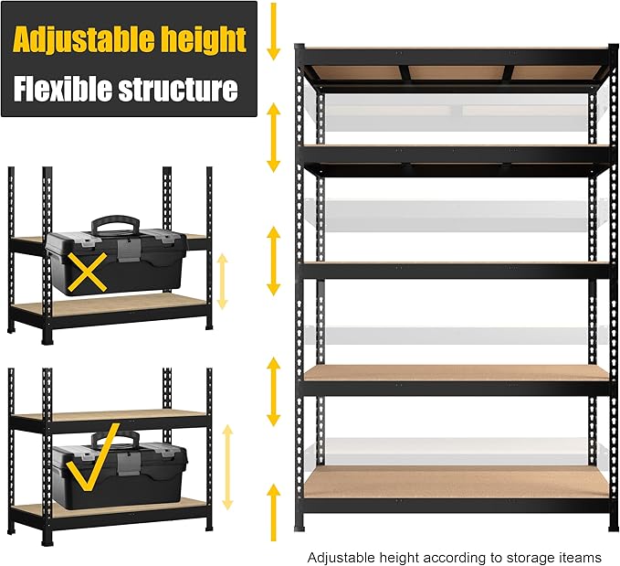 PrimeZone 48" x 24" x 72" Heavy Duty 5 Tier Adjustable Garage Storage Shelving, Metal Utility Rack Shelf Unit for Warehouse Pantry Closet Kitchen, Black, 5 Pack
