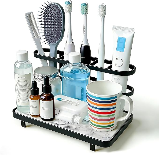 Electric Toothbrush Holders for Bathrooms, Bathroom Counter Organizer with Quick Dry Diatomaceous Earth Mat, 5 Slots Toothbrush and Toothpaste Holder Black, for Bathroom Sink Organizer Countertop