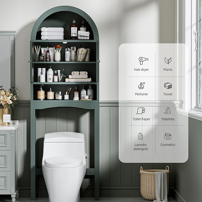 Spurgehom Over The Toilet Storage Cabinet, Bathroom Shelf Organizer Freestanding, Bathroom Arch Cabinet Over Toilet with Fluted Door and Anti-Tipping Device, Green