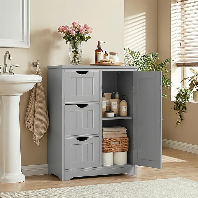 SUPER DEAL Bathroom Storage Cabinet with 3 Drawers and 1 Door, Entryway Home Decor Furniture Towels Storage Organizer Unit, Grey