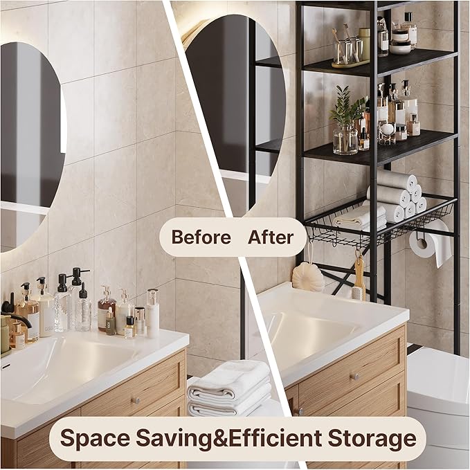 Gizoon Over-The-Toilet Storage Rack with Adjustable Shelf and Basket, 4-Tier Freestanding Space Saver Bathroom Shelves Above Toilet for Room