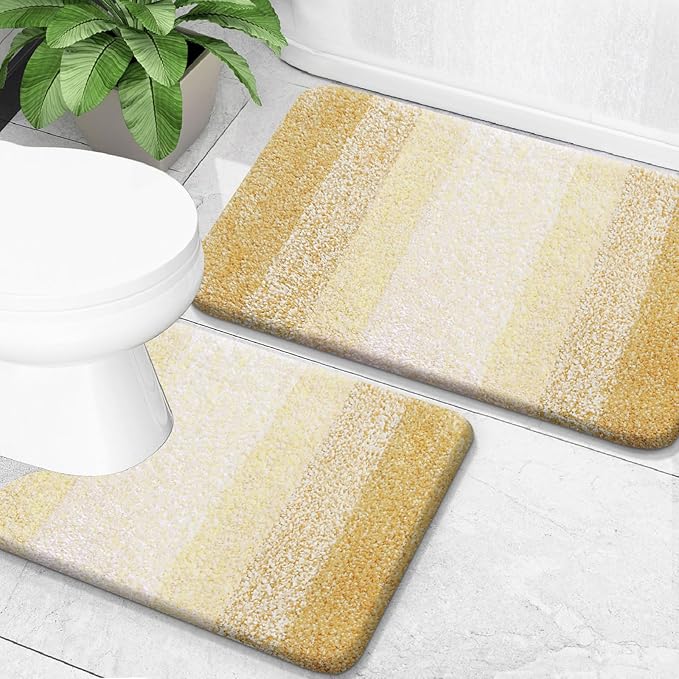 OLANLY Bathroom Rug Set 2 Piece, Soft Absorbent Microfiber Bath Mats and U-Shaped Contour Toilet Rug, Non-Slip, Machine Wash Dry, Plush Shaggy Bath Mats for Bathroom (24"x16"+24"x20", Light Yellow)