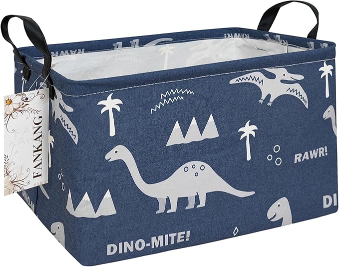 Storage Bins, Nursery Hamper Canvas Laundry Basket Foldable with Waterproof PE Coating Large Storage Baskets for Kids Boys and Girls, Office, Bedroom, Clothes,Toys(Rec-Blue dinosaur）