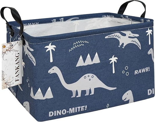 Storage Bins, Nursery Hamper Canvas Laundry Basket Foldable with Waterproof PE Coating Large Storage Baskets for Kids Boys and Girls, Office, Bedroom, Clothes,Toys(Rec-Blue dinosaur）