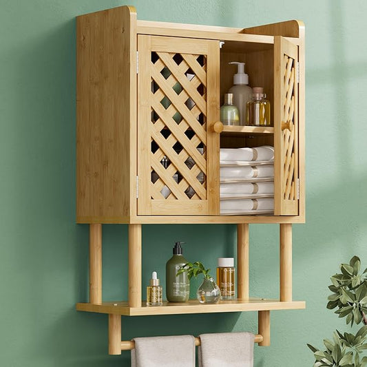 AmazerBath Bathroom Wall Cabinets, Bamboo Medicine Cabinet with Grille Door, Over The Toilet Storage Cabinet with Towel Bar, Wall Mounted Cabinet with Adjustable Shelves for Small Spaces