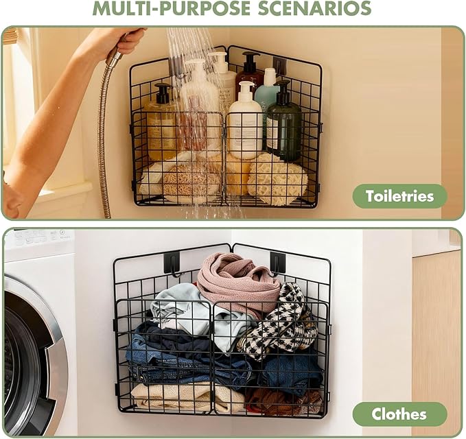 Greentainer Corner Bath Toy Storage Organizer, Large Rustproof Metal Wire Basket, Foldable Wall Mounted Hanging Bathtub Toy Holder with Drainage, No Drilling Adhesive Shower Caddy for Bathroom Tub