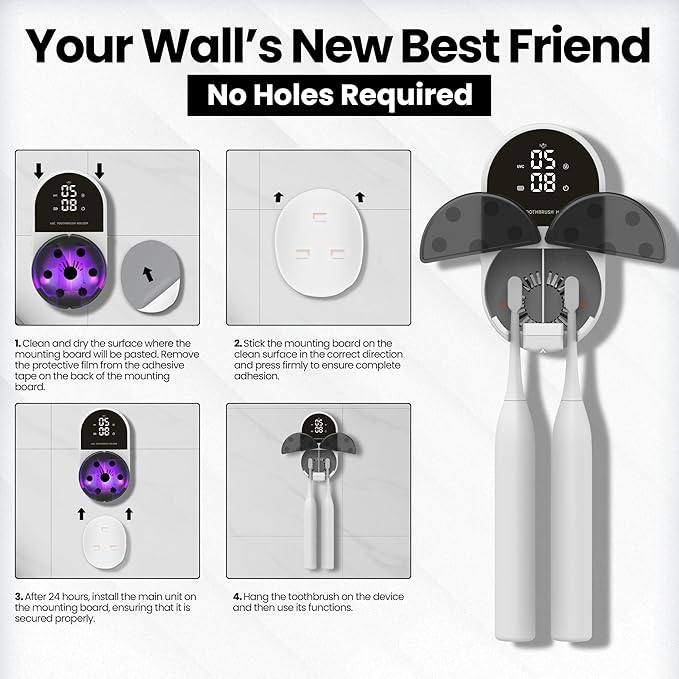 UV Toothbrush Sanitizer Holder | Wall Mounted UV-C Toothbrush Cleaner | Tooth Brush Sanitizer Holder Auto Shut-Off, USB Rechargeable, Fits All Brushes, Bathroom Organizer