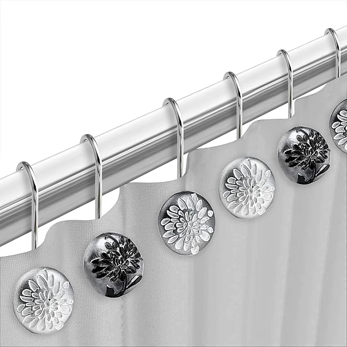 Zahari Home 13pc Erica Bathroom Fabric Shower Curtain Sets Bathroom Shower Curtain & 12 Shower Bathroom Hooks Modern Classic Luxury Contemporary Decor Grey Shower Curtain Stylish Bath Sets