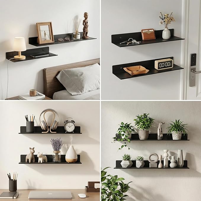 Z metnal Bathroom Shelf, Small Floating Wall Shelves, Decorative Ledge Shelf, Aluminum, Wall Mounted, Matt Black, 16/12/8 inch, 3 Packs
