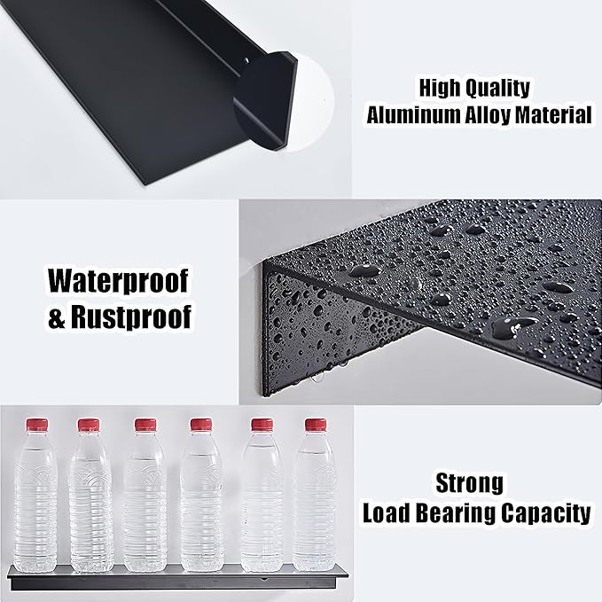 HNVNER Black Shower Shelves Rustproof & Waterproof, 40cm Adhesive Shower Caddy 2 Pack, Metal Bathroom Floating Shelves No Drilling Bathroom Wall Storage Organizer