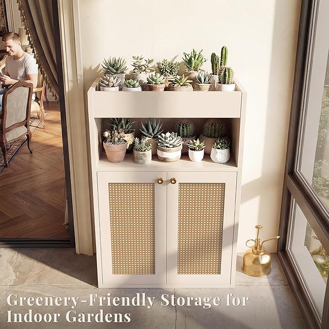 Bathroom Storage Cabinet, Rattan Freestanding Floor Organizer with Anti-Tip Devices and Adjustable Shelf, Small Cabinet for Bathroom, Kitchen, Living Room, White
