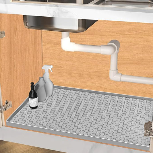 Under Sink Mat 28 x 22 for Kitchen Waterproof, Silicone Under Kitchen Bathroom Protector Sink Liner Mat, Easy to Clean Cabinet Mat Organizers and Storage, Light Grey