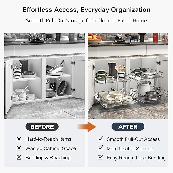 2 Tier Pull Out Cabinet Organizer - 17" W x 22" D Soft Close Slide Out Shelves with Shelf Liners - Pullout Drawers for Kitchen Cabinets, Pantry, Bathroom, Heavy Duty Steel Wire Baskets