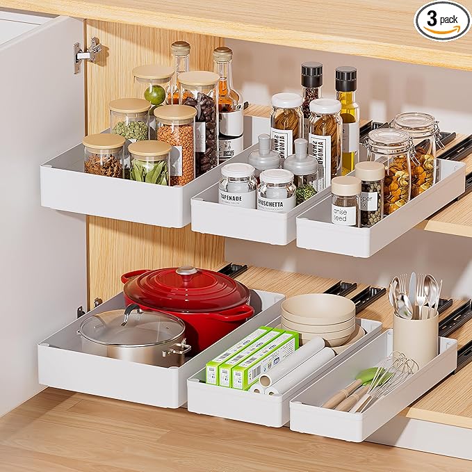 Delamu 3 Pack Pull Out Cabinet Organizer, 15.7"Deep Pull Out Drawers for Cabinets, Slide Out Drawers for Kitchen Cabinets, Bathroom Cabinet Organizer, Pantry (White)