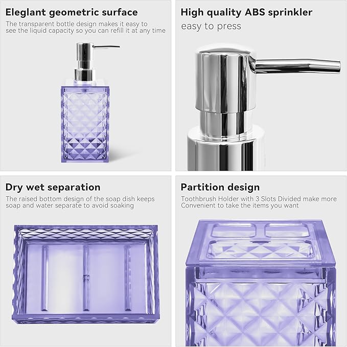 Bathroom Accessory Set, 4 PCS Light Purple Bathroom Accessories Set, Soap Dispenser and Toothbrush Holder Set, Soap Dish and Mouthwash Cup, Boho Bathroom Decor, Plastic Bathroom Sets