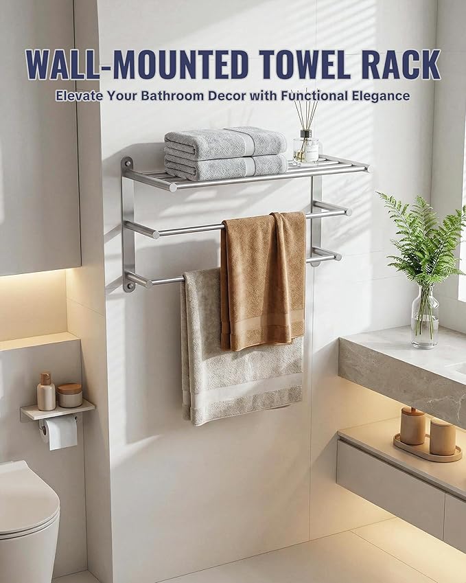 Bathroom Towel Rack Wall Mounted: 24 Inch Brushed Nickel Towel Rack with Double Towel Bar - SUS304 Stainless Steel Bath Towel Holder with Shelf for Hotel Lavatory