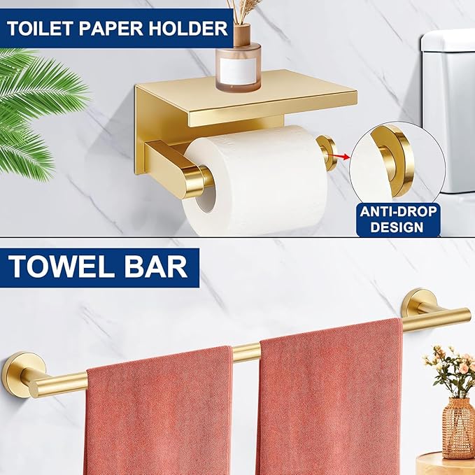 5 Pieces Brushed Gold Bathroom Hardware Accessories Set, SUS304 Stainless Steel 24 Inch Bath Towel Bar Set, Round Bathroom Towel Holder Set, Towel Racks for Bathroom Wall Mounted