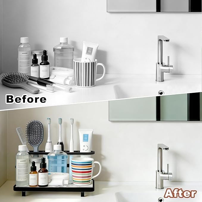Electric Toothbrush Holders for Bathrooms, Bathroom Counter Organizer with Quick Dry Diatomaceous Earth Mat, 5 Slots Toothbrush and Toothpaste Holder Black, for Bathroom Sink Organizer Countertop
