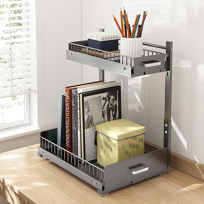 Under Sink Organizer, 2 Tier Slide Out Cabinet Organizer with Pulley, Height Adjustable Pull Out Shelf for Kitchen, Bathroom, Laundry and Utility Storage, Gray, 1 Pack