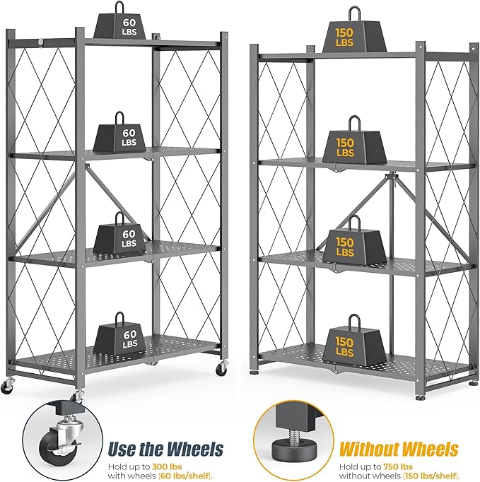 4-Tier Folding Metal Storage Rack - 50" Heavy-Duty Steel Frame with Wheels, No Assembly Utility Organizer, Rolling Shelving Unit for Kitchen, Garage, Pantry, Bedroom (Gray, 4 Tier)