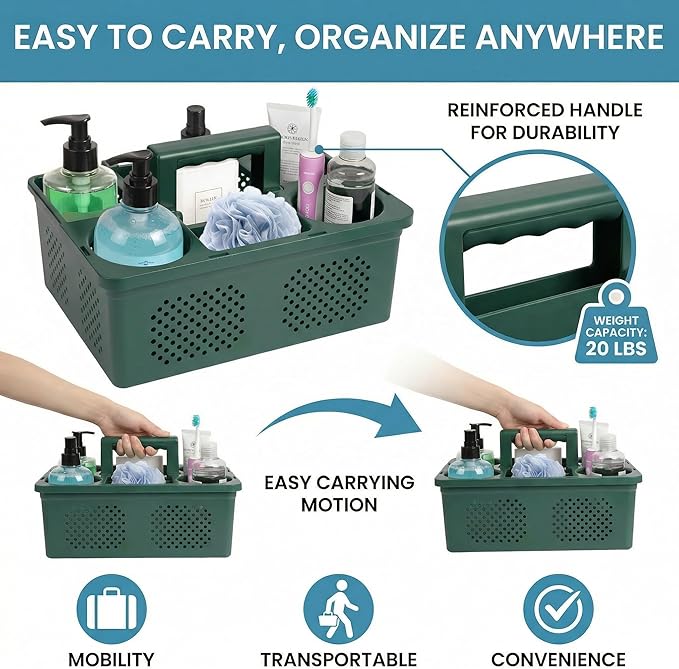 KMV Dorm Room Portable Shower Caddy with Adjustable Compartments - Ventilated Drainage Design with Handles, Perfect Toiletries Organizer for College Dorms-green