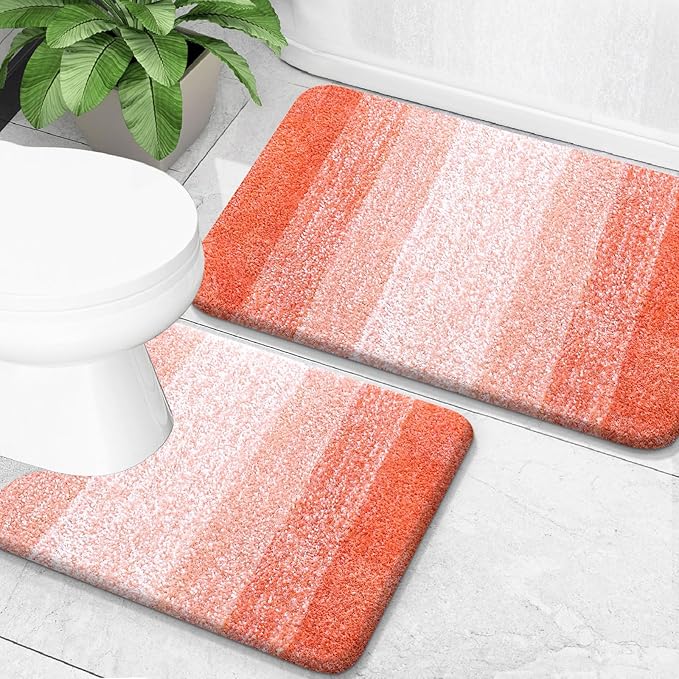 OLANLY Bathroom Rug Set 2 Piece, Soft Absorbent Microfiber Bath Mats and U-Shaped Contour Toilet Rug, Non-Slip, Machine Wash Dry, Plush Shaggy Bath Mats for Bathroom (30"x20"+24"x20", Coral)