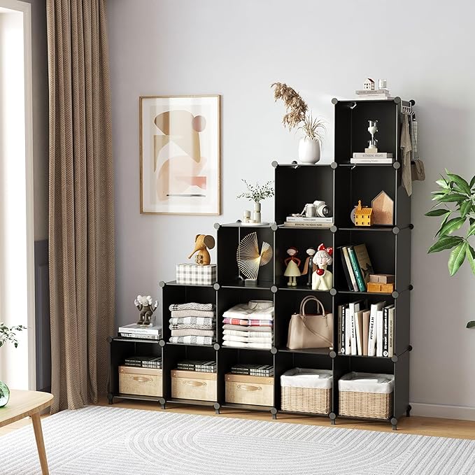 AWTATOS Cube Storage Organizer, 16 Cube Closet Organizer, Stackable Storage Cube Shelves, DIY Portable Closet Clothes Organizer Shelving for Bedroom, Closet, Wardrobe, Bathroom, Black